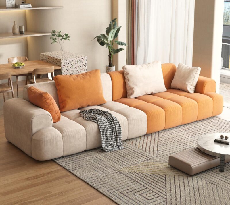 Minimalistinė didelė ir patogi aksominė sofa "Graziella" Helehall, Heleroheline, Oranžinė, Pilka, Rožinis, Ruda, Smėlio spalvos, Žalias